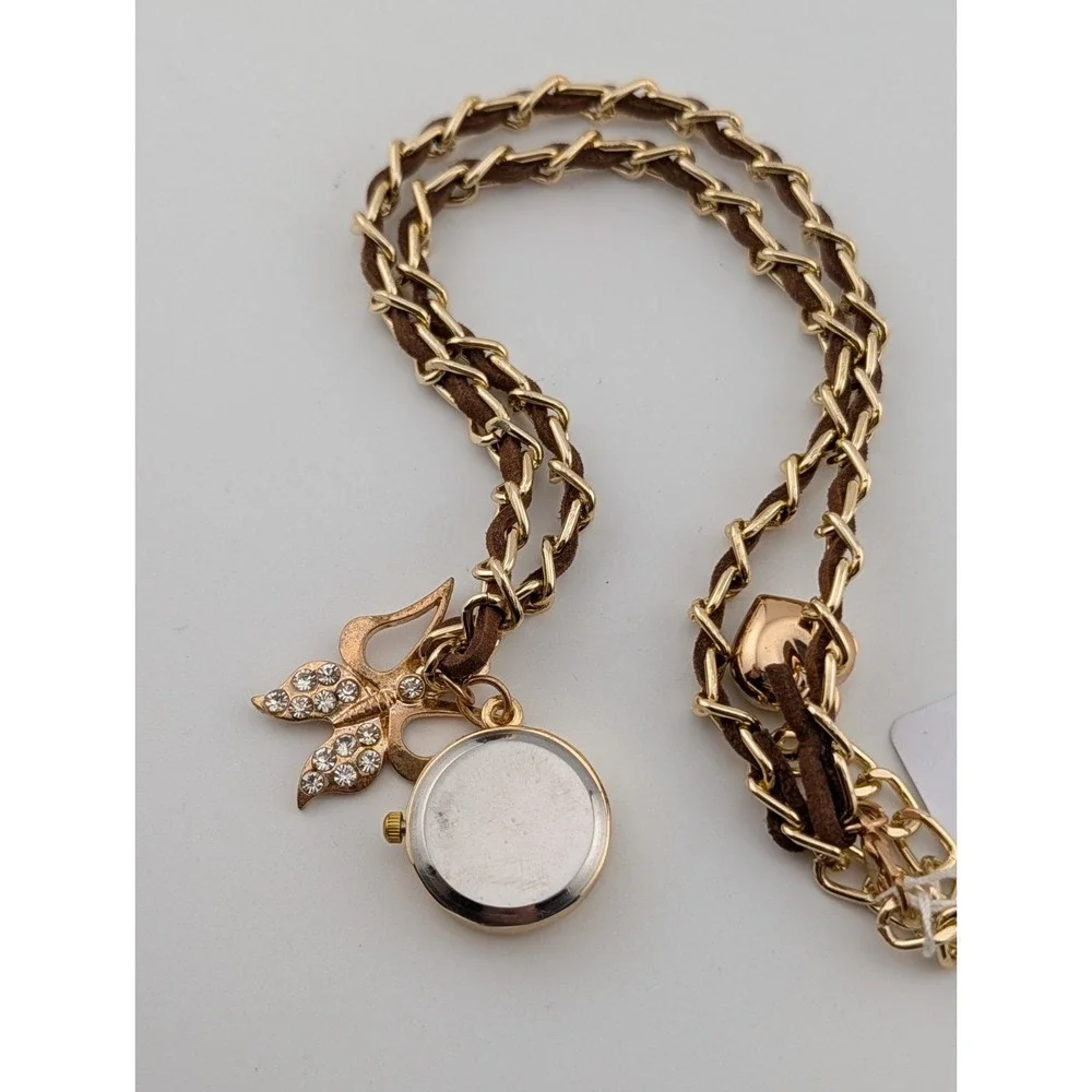Ailisha Pendant Watch w/ Butterfly Charm 23mm Case Brown/Gold- New Battery